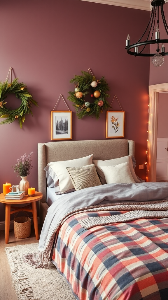 A mauve bedroom with decorative wreaths, cozy bedding, and warm lighting.