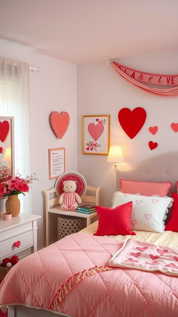 A cozy Valentine-themed bedroom with pink and red decor, heart motifs, and a warm atmosphere.