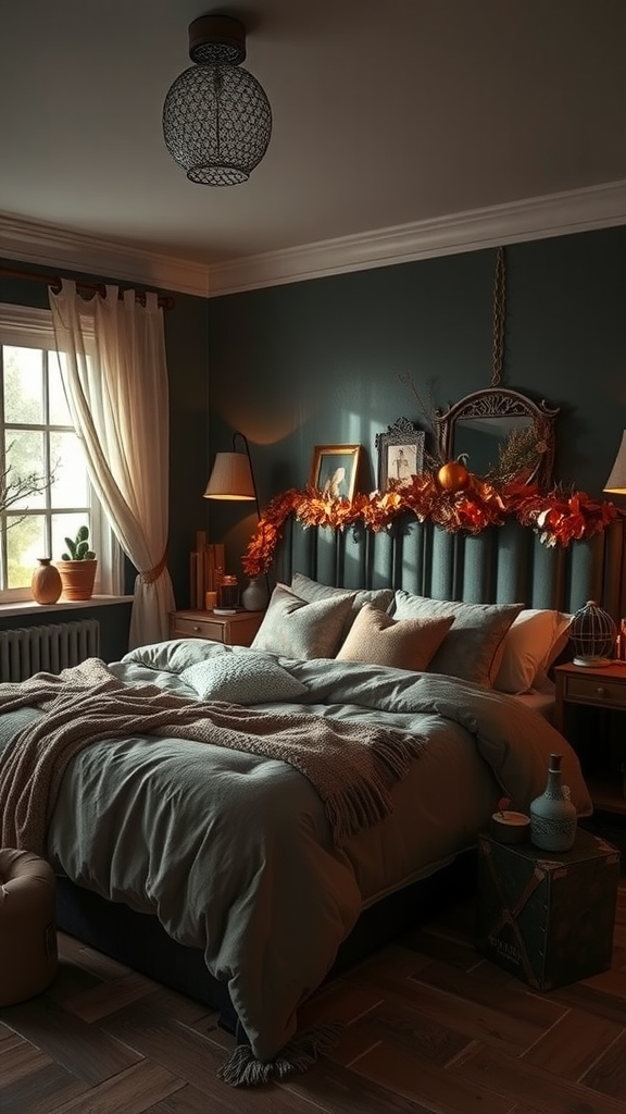 Cozy dark bedroom with seasonal autumn decorations, featuring a bed with soft bedding and decorative accents.