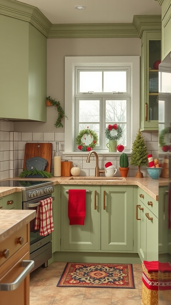 Festively decorated sage green kitchen with holiday decor.