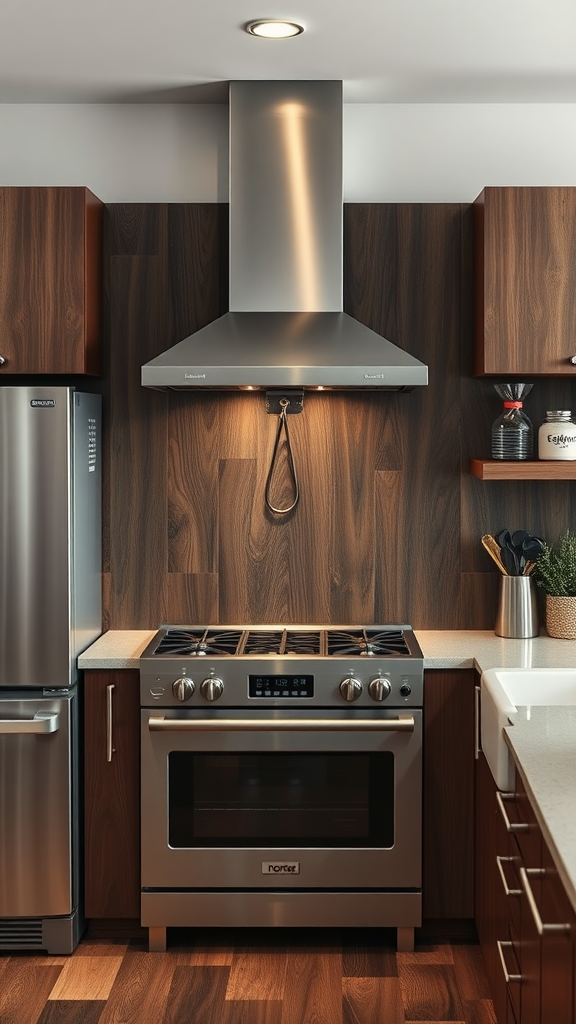 Modern kitchen featuring a dark wood backsplash and stainless steel appliances.