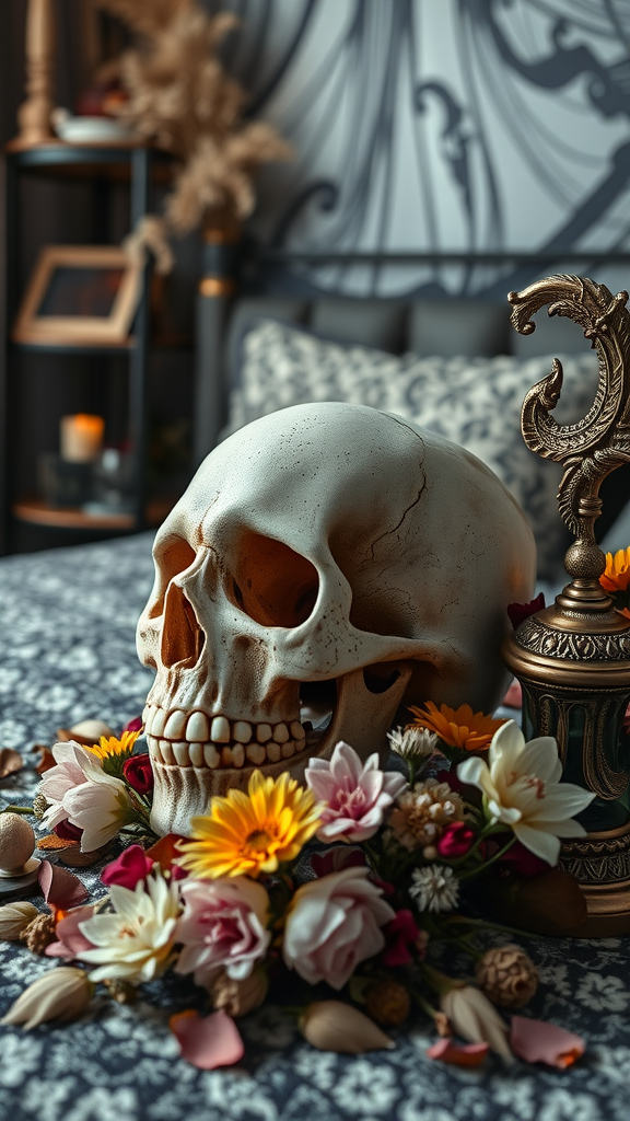 A skull surrounded by colorful flowers on a patterned bedspread in a cozy bedroom.