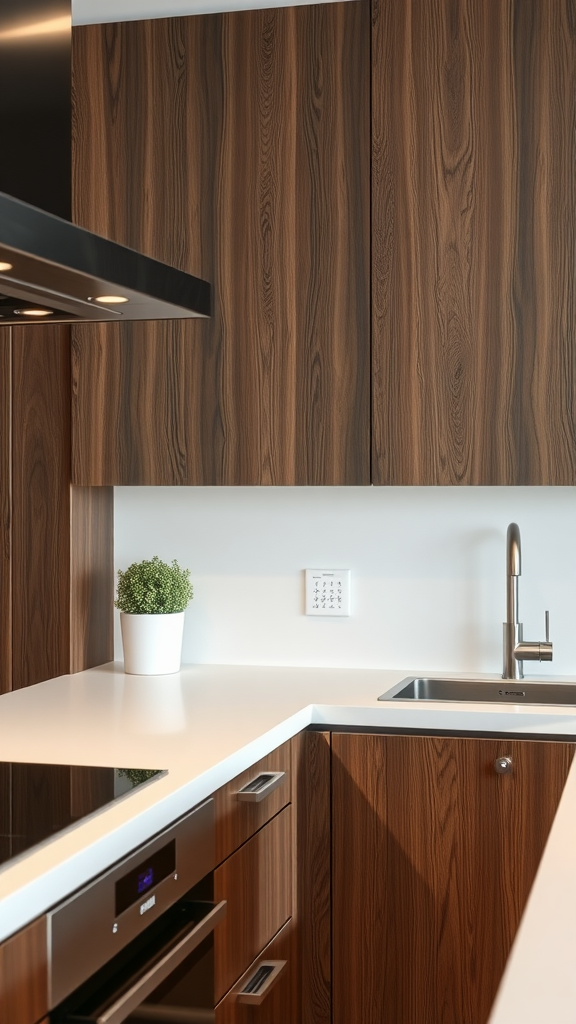 A modern kitchen featuring dark oak cabinetry and white countertops