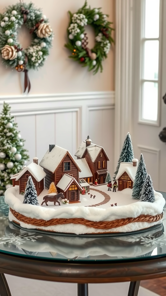 A festive snowy village figurine set on a glass table with Christmas decorations in the background.