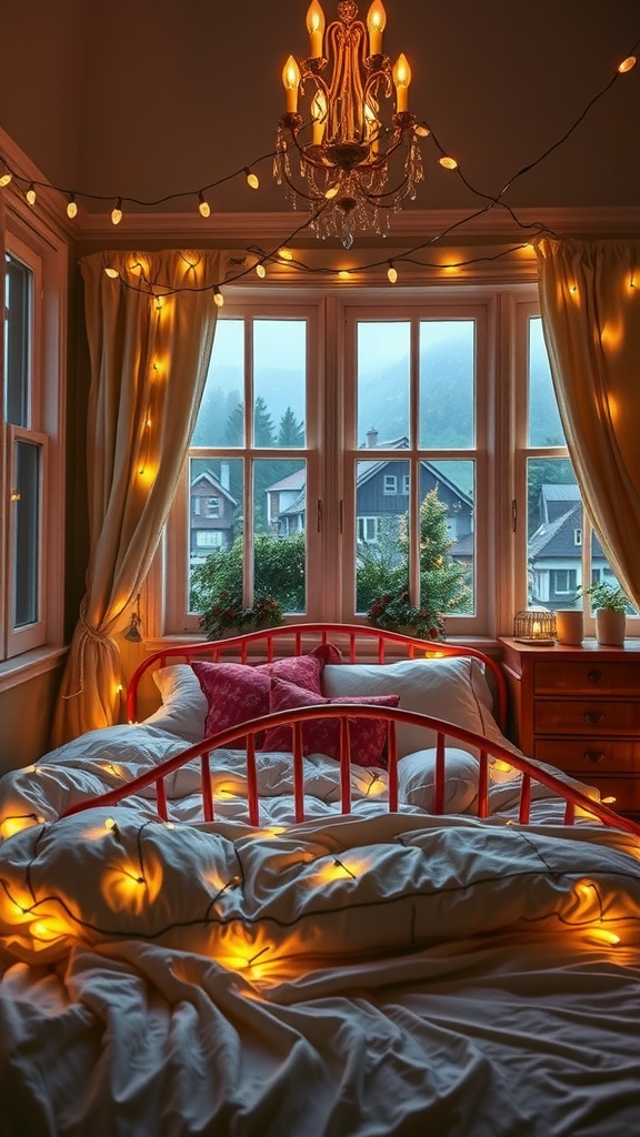 A cozy bedroom with fairy lights draped around the windows and bed, creating a warm atmosphere.