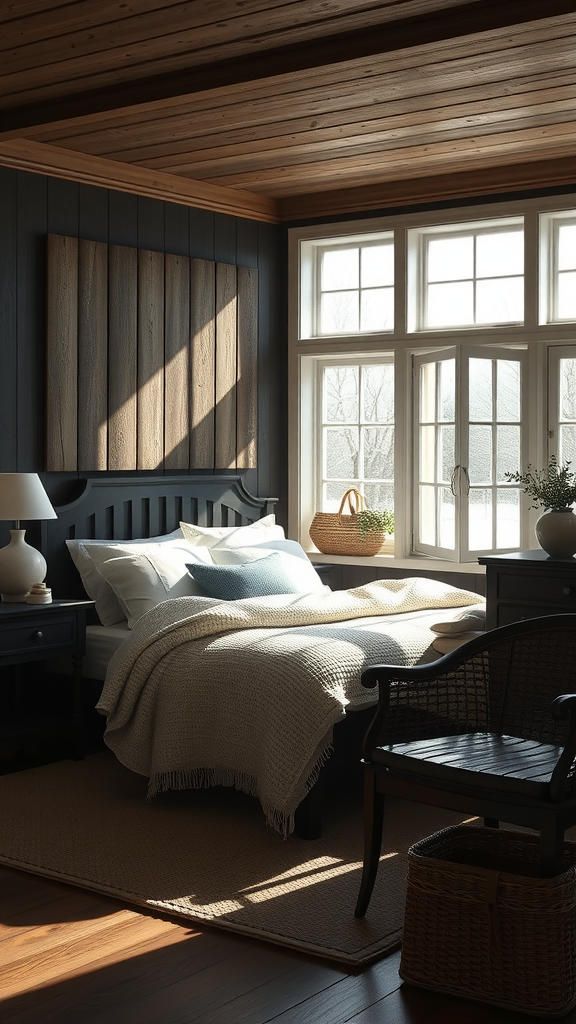 A cozy coastal bedroom with natural light streaming through large windows, highlighting dark wood furniture and soft bedding.