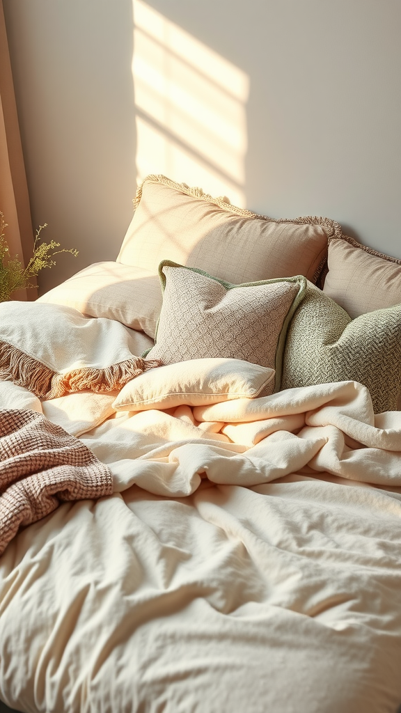 Cozy bed with soft textiles and pillows in a warm, inviting setting