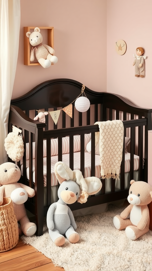 A cozy nursery featuring a dark wood crib surrounded by soft textiles and plush toys