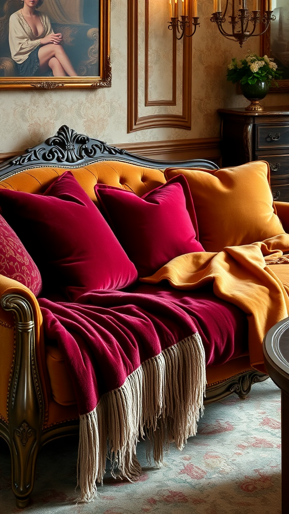 Cozy sofa with velvet pillows and a warm blanket, showcasing rich colors and luxurious textures.