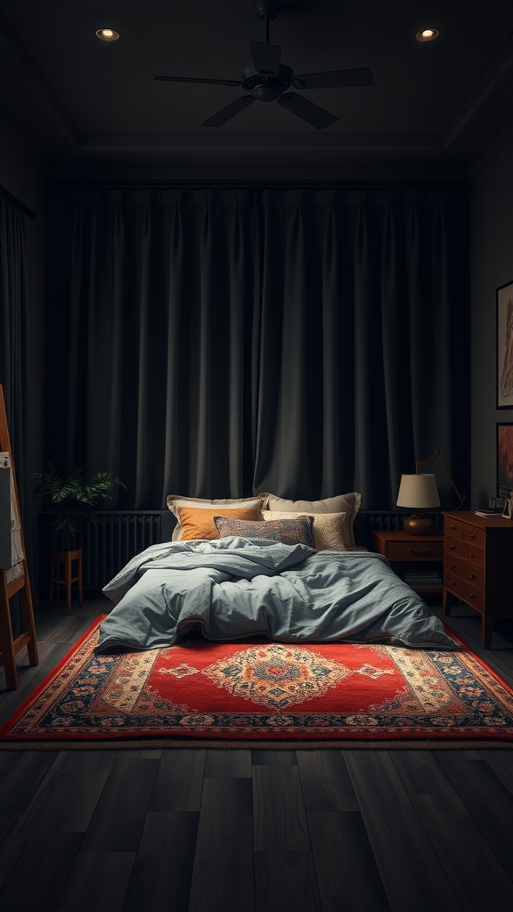 A dark cozy bedroom with a bed, decorative pillows, and a patterned rug.