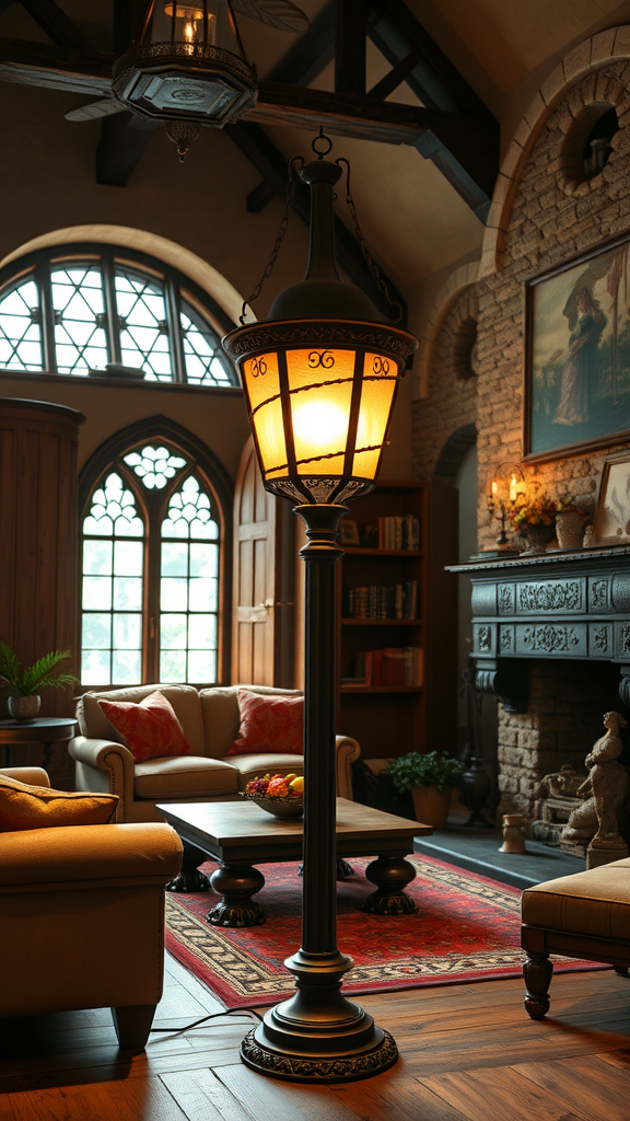 A cozy living room with a tall iron lamp, stone fireplace, and warm lighting.