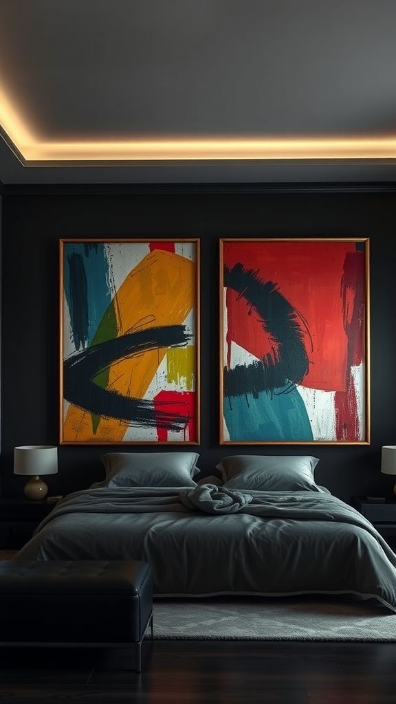 A dark cozy bedroom with colorful abstract wall art