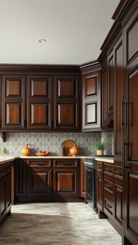 A luxurious dark wood kitchen with rich cabinetry and elegant decor