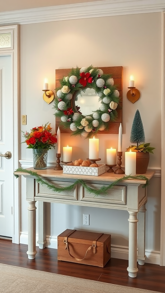 A beautifully decorated console table with a wreath, candles, and festive elements