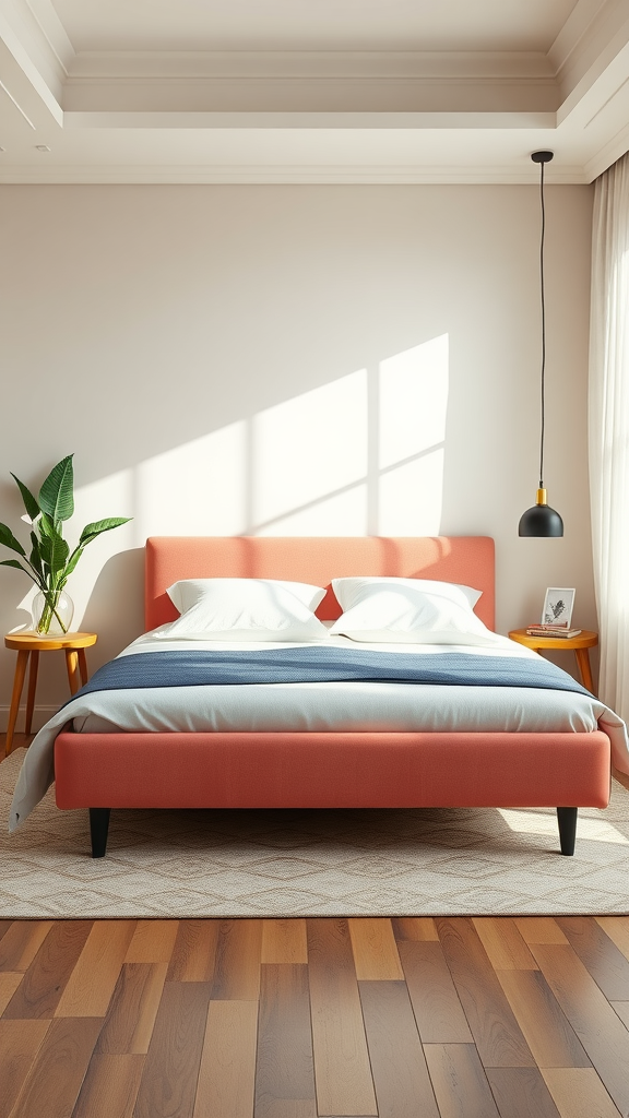 Stylish coral bed frame with white bedding and blue throw in a bright bedroom