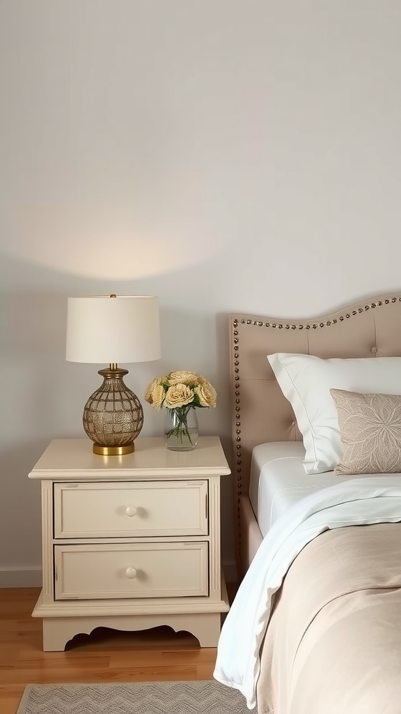 Stylish cream nightstand with lamp and flowers in a cozy bedroom setting