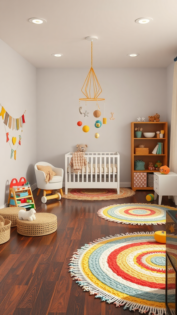 A colorful nursery featuring dark wood flooring, a crib, cheerful rugs, and playful decor.