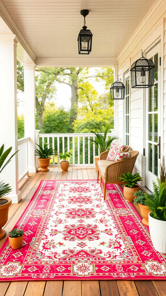 Colorful outdoor rug on an eastern porch with plants and seating.
