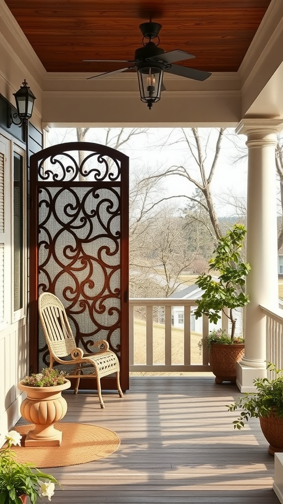 A cozy eastern porch featuring a decorative privacy screen, comfortable seating, and potted plants.