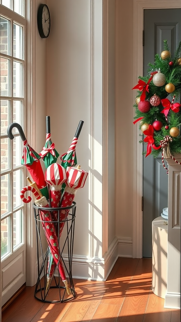 A stylish umbrella stand filled with festive umbrellas in a bright entryway decorated for Christmas.