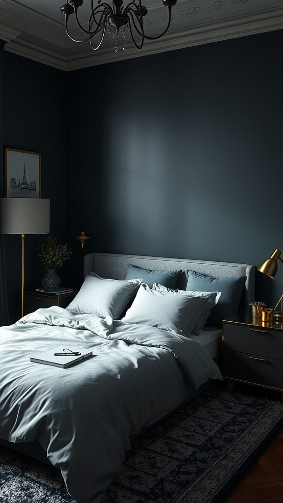 A cozy dark bedroom featuring metallic accents in decor.