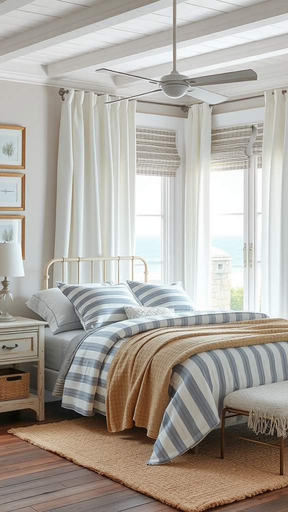 A beautifully styled coastal bedroom with striped bedding and neutral tones.
