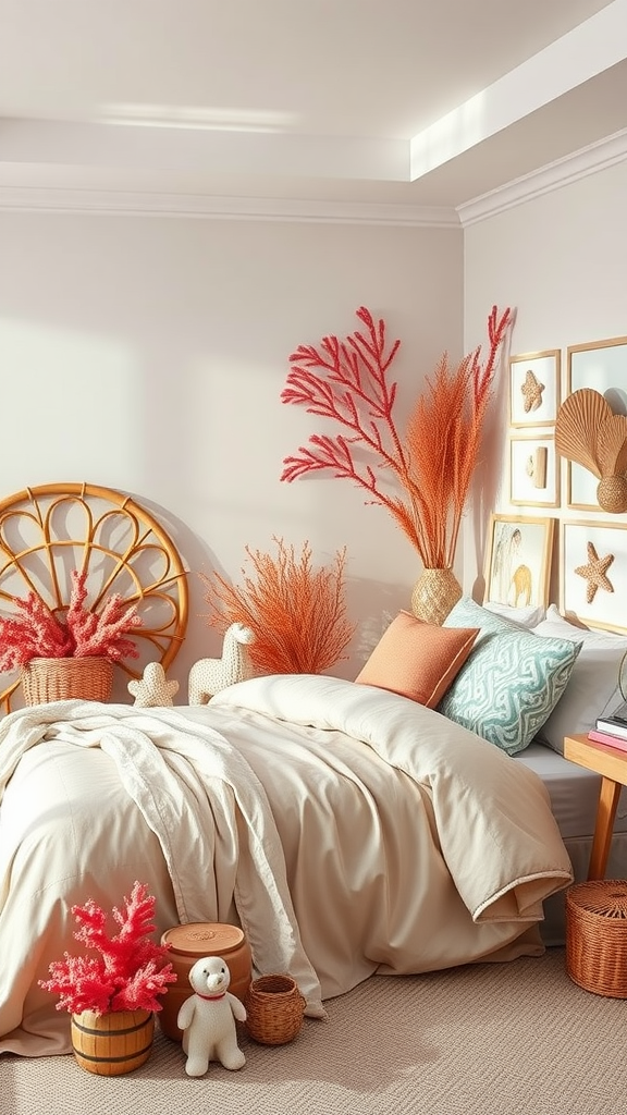 A coral-themed bedroom featuring soft bedding, coral accents, and natural decor elements.