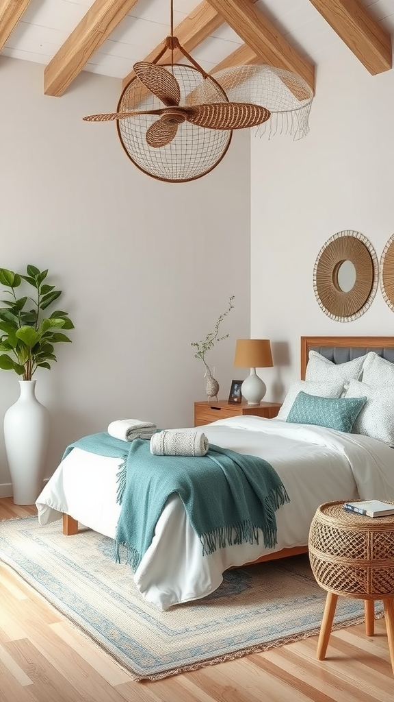 A cozy coastal bedroom featuring natural wood beams, woven decor, and eco-friendly materials.