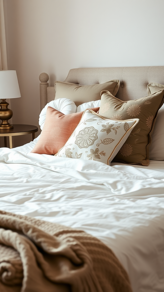 Cozy bedroom with a neatly made bed featuring various tasteful accent pillows
