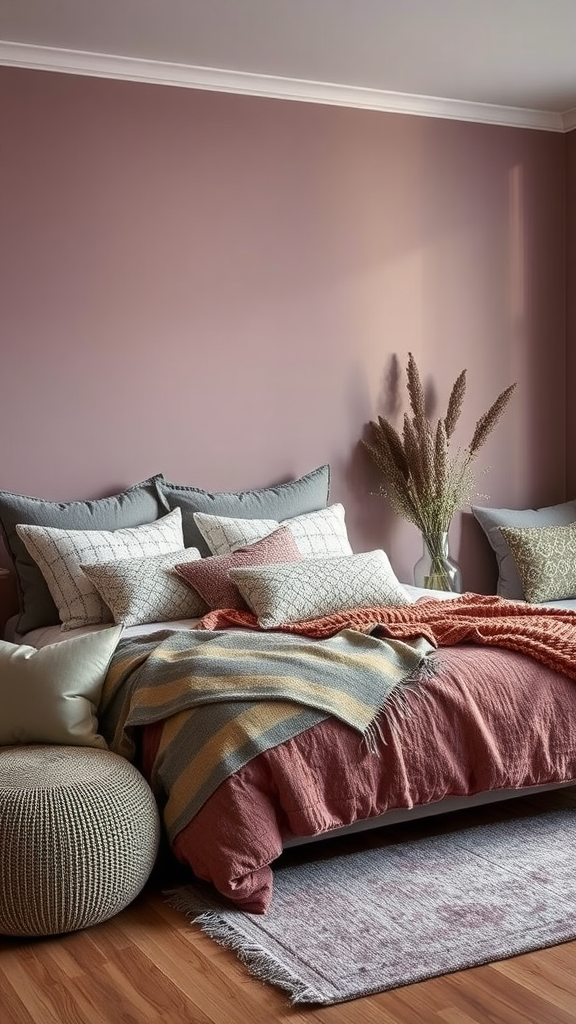 A cozy mauve bedroom featuring a bed with layered textiles and decorative pillows, warm tones, and a knitted pouf.