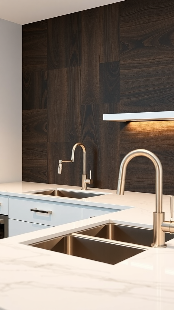 Stylish kitchen with textured black walnut backsplash and modern fixtures