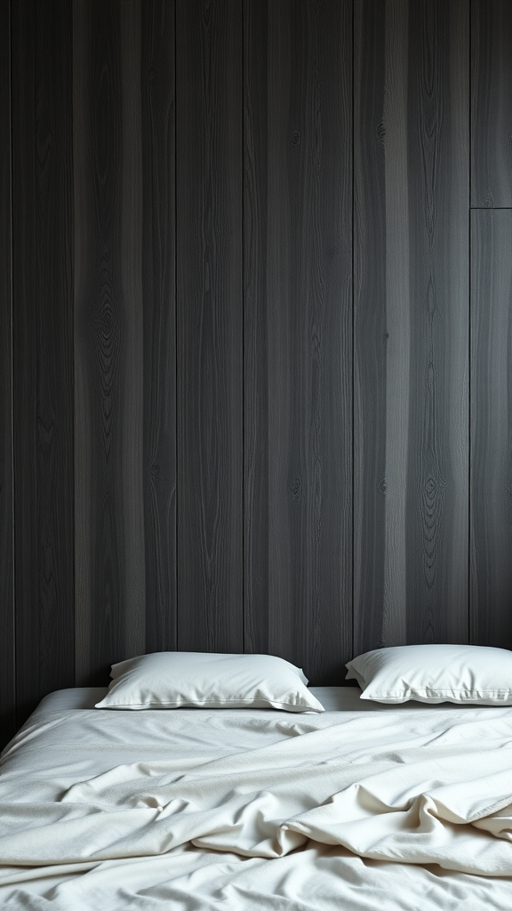A cozy bedroom with dark wood paneling and soft white bedding.