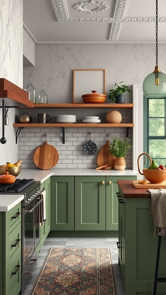 A sage green kitchen featuring stylish cabinetry, wooden shelves, and a marble backsplash.