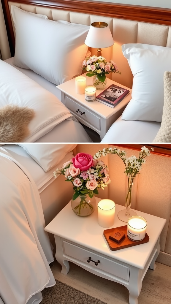 Styled bedside tables with flowers and candles, showcasing a cozy bedroom setup.