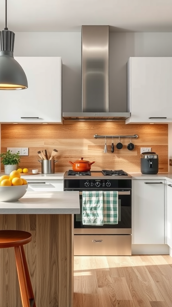 A modern kitchen featuring timber-look tiles with a dark wood kitchen backsplash, white cabinets, and sleek appliances.
