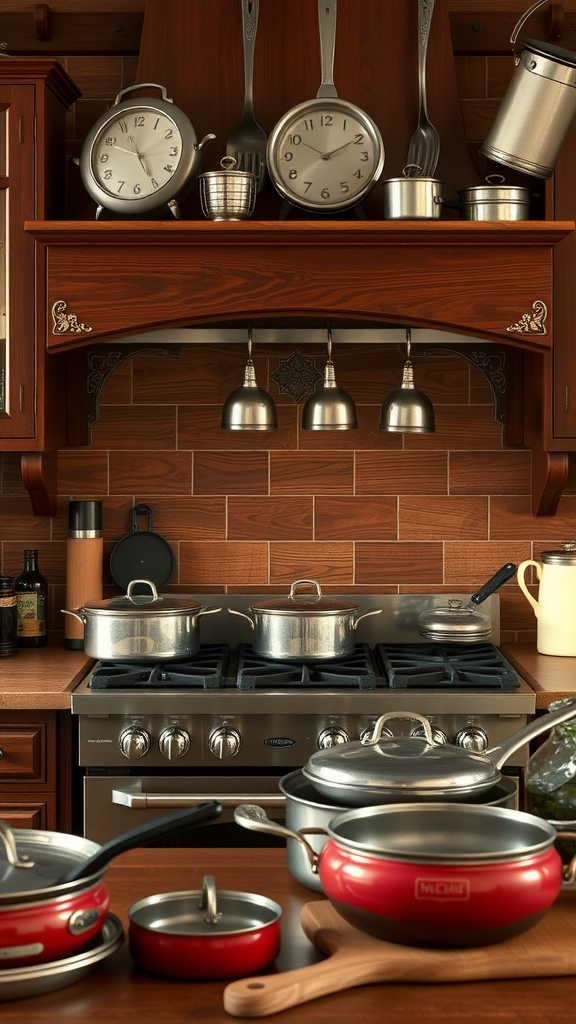 A cozy kitchen featuring cherry wood cabinets, a dark wood backsplash, and various kitchen utensils.