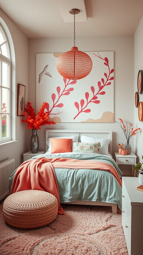 A cozy small bedroom featuring coral tones in the decor and bedding, with a large window and stylish accessories.