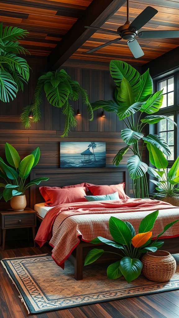 Coastal bedroom with dark wood accents and tropical plants