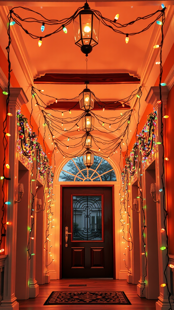 A festive entryway decorated with colorful twinkling string lights.