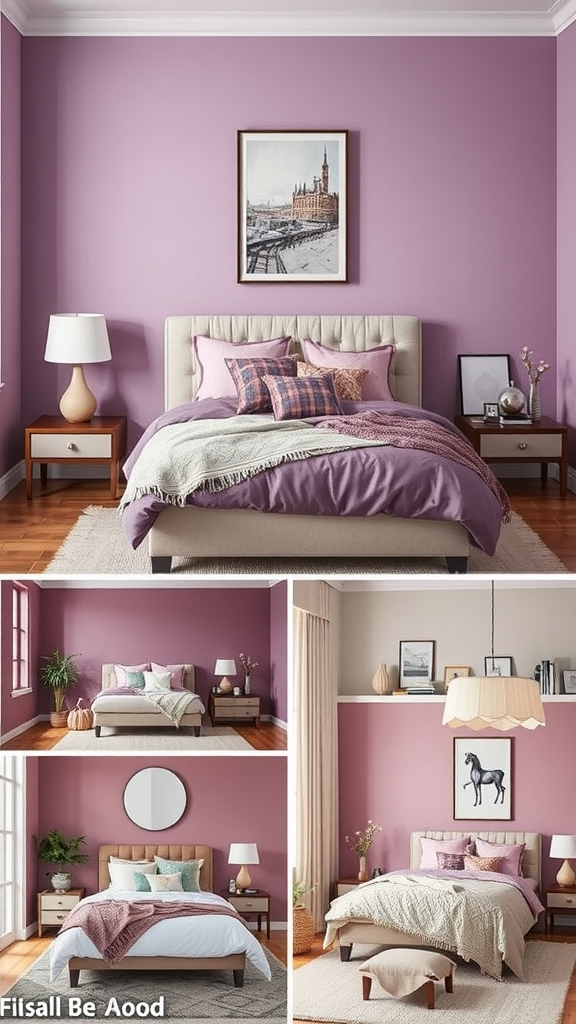 Collage of mauve-themed bedrooms showcasing different designs and decor styles.