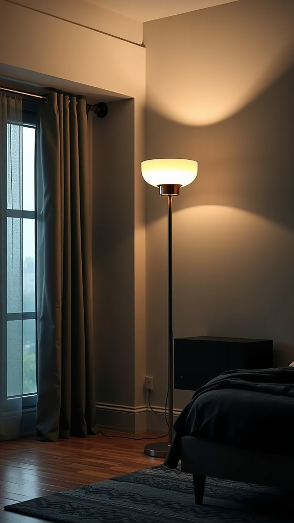 Cozy dark bedroom with a unique floor lamp providing warm light.