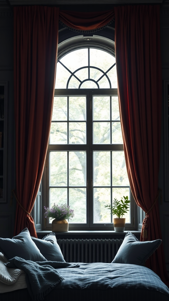 A cozy dark bedroom with velvet drapes framing a window, featuring a bed adorned with plush pillows and plants on the windowsill.