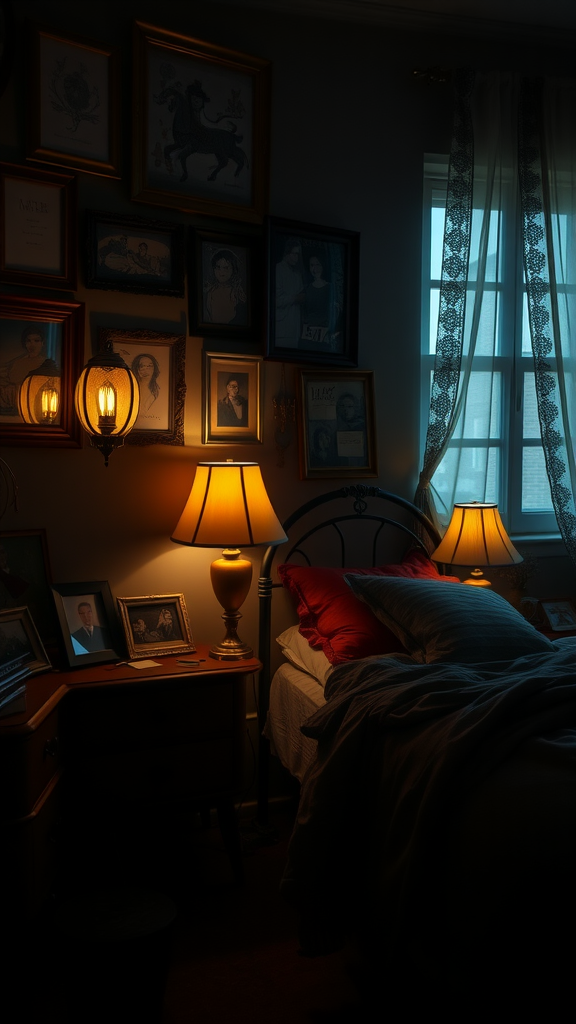 A cozy dark bedroom featuring vintage lamps and framed artworks on the wall