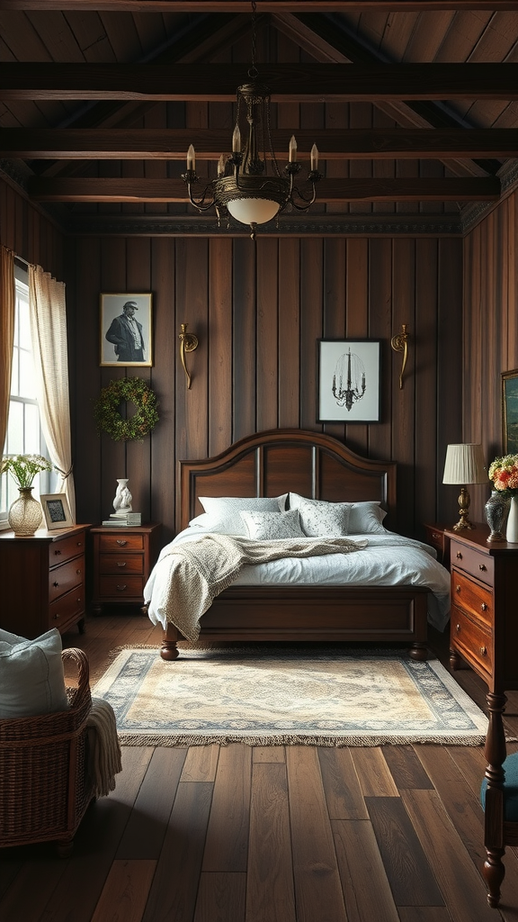A cozy vintage coastal bedroom with dark wood paneled walls and classic furniture.