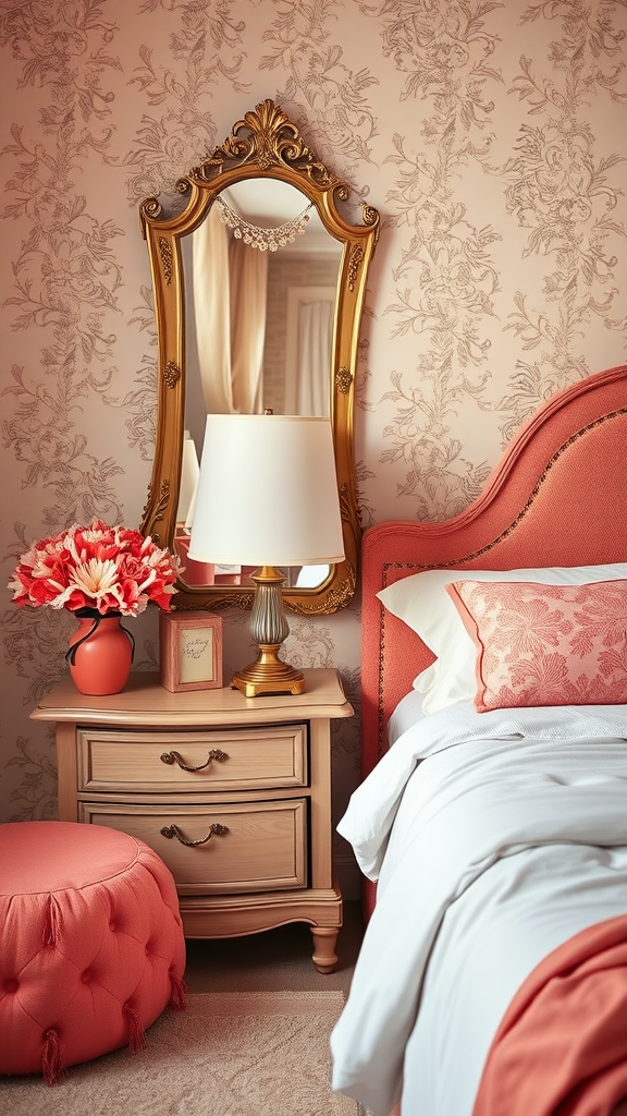 A cozy coral bedroom featuring vintage decor with a floral wallpaper, a large ornate mirror, a bedside table, and a plush ottoman.