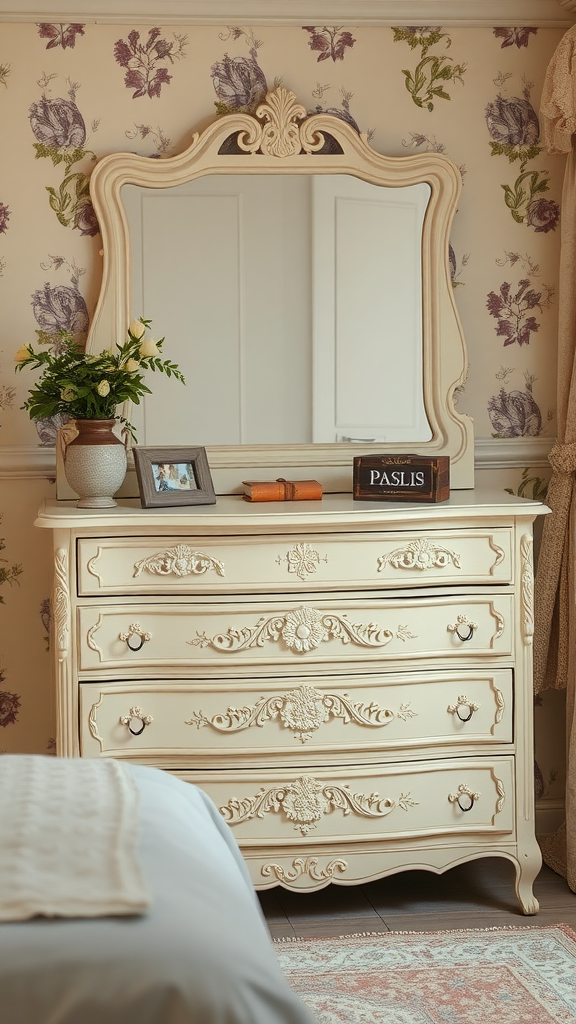 A vintage cream dresser with intricate carvings and a mirror, set against floral wallpaper.