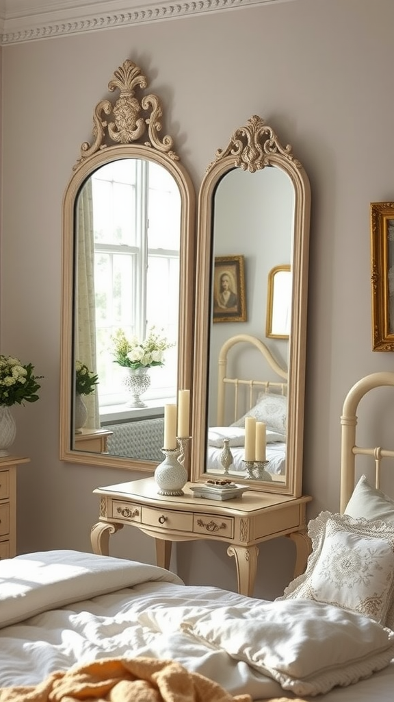 Stylish vintage cream mirrors in a cozy bedroom with soft bedding and warm candlelight.
