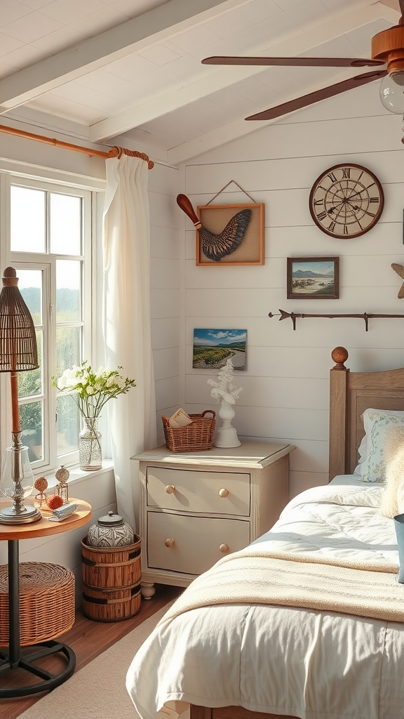A cozy vintage bedroom featuring shiplap walls, coastal decor, and warm lighting.