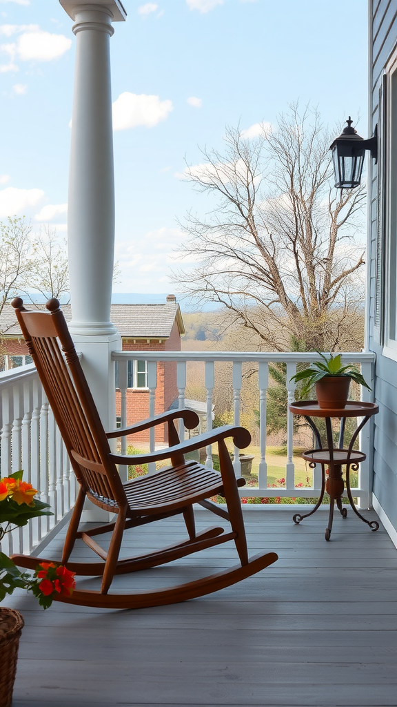 A vintage rocking chair and a small table on an eastern porch with a view.