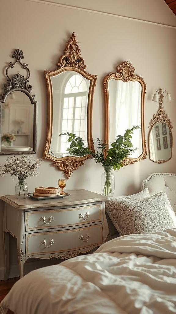 A cozy bedroom featuring vintage mirrors with ornate frames, soft colors, and a relaxed atmosphere.